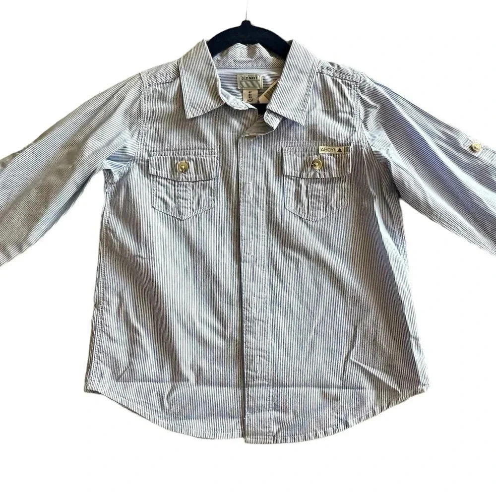 Old Navy Boys Blue White Pinstripe Long Sleeve Button Down Shirt Size 4T